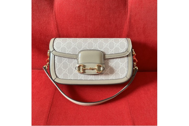 GUCCI Horsebit 1955 Shoulder Bag Beige and white