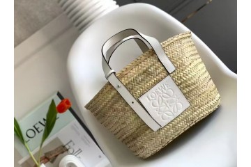 LOEWE Basket Bag in Palm Leaf and Calfskin Small Natural White