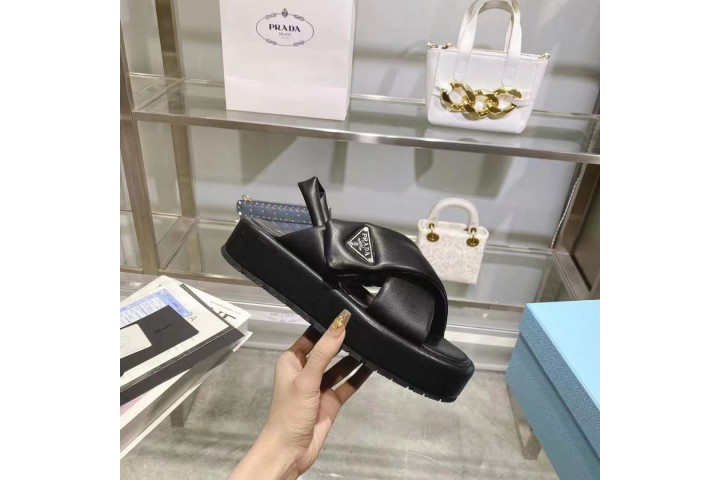 Prada Soft Padded 35mm Wedge Sandals Black Nappa Leather